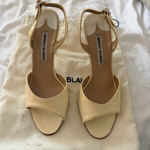 Manolo Blahnik Cream Patent Leather Open-Toe Heels